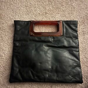 Vintage 1970s Black Leather Handbag with Plastic Handle